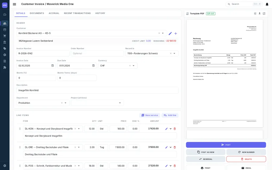 The invoice editor with the live document beside it