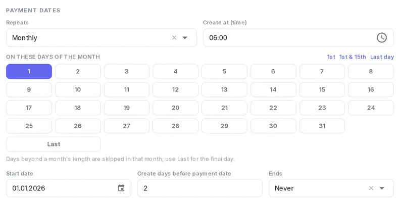Choosing the payment days