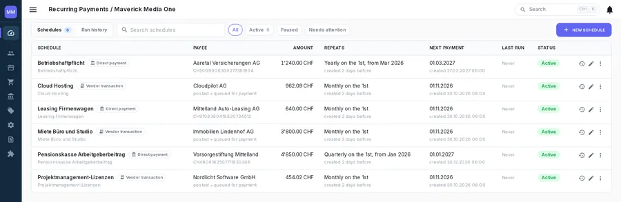Recurring payments with their next dates